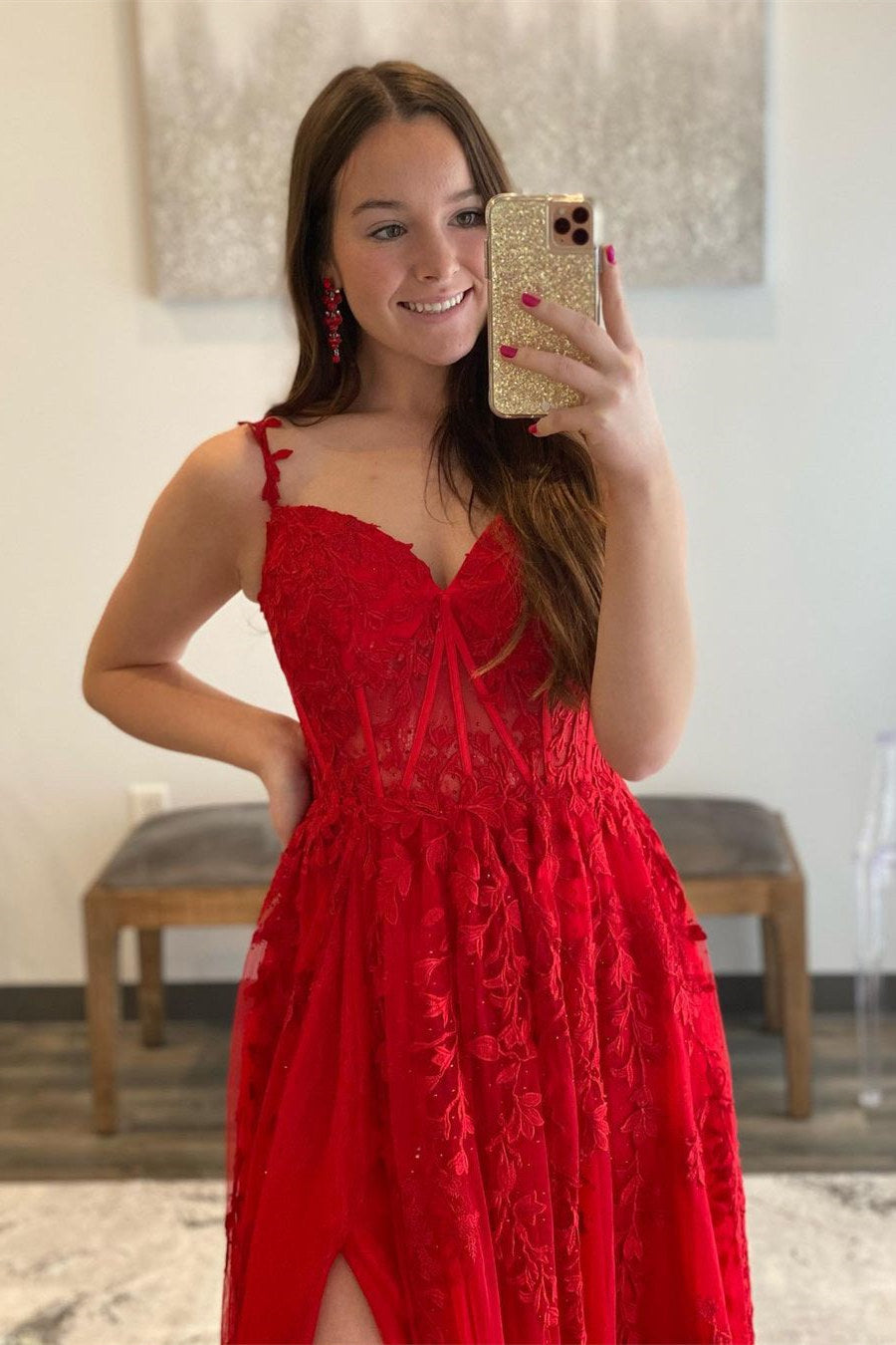 A-line Sweetheart Lace Tulle Prom Dress with Slit