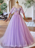 A-Linien-Prinzessinnenkleid aus hellviolettem Tüll mit Sweethart-Spitzenapplikationen, Partykleid/Abendkleid