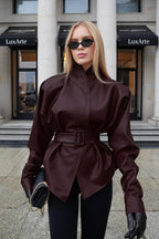 Stand Collar Trench Leather Jacket
