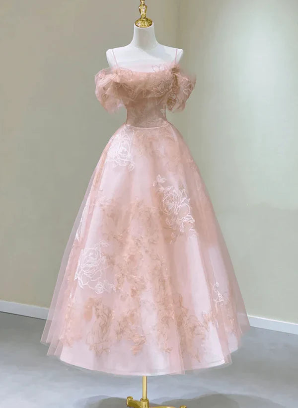 Vestido de noche o fiesta de tul con tirantes, corte en A, estilo princesa, largo hasta la rodilla