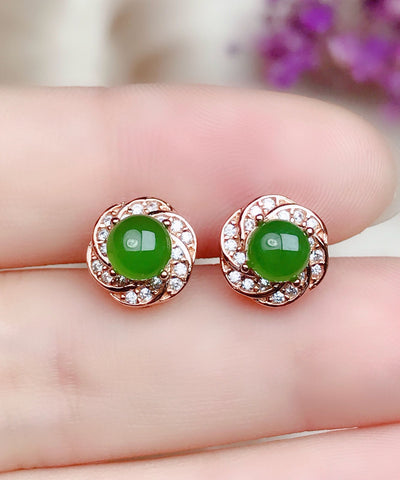 Pendientes de jade y circonitas doradas de plata verde a la moda 