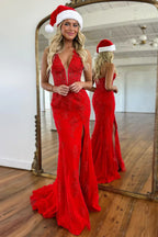 Stunning Mermaid Deep V-Neck Long Lace Prom Dress Sweep/Brush Train Dresses With Split