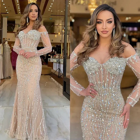 Vestido de fiesta de tul sirena color champán intenso de Ovlias, manga larga, escote corazón, sin tirantes