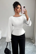 Solid Flare Sleeve Ruched Waist Blouse
