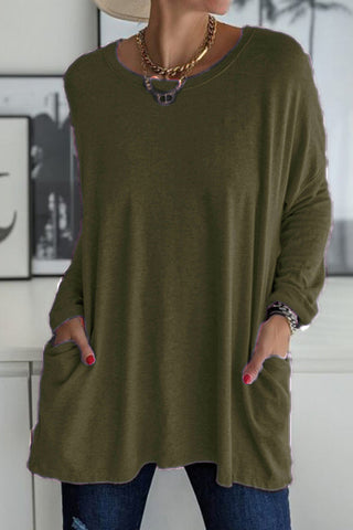 Tops casuales de cuello redondo con bolsillos y parches sólidos (13 colores) 