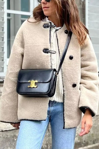 Langärmliger Kunstpelzmantel mit Rundhalsausschnitt 