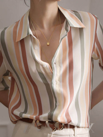 Long Sleeves Multi-Colored Striped Lapel Shirts Tops