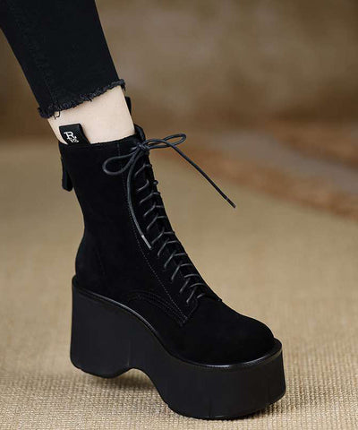 Nuevas botas de cuña de ante marrón con cordones y empalme único 