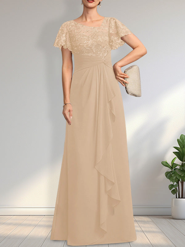 A-Linien-Kleid aus asymmetrischem Chiffon mit Illusion-Effekt, bodenlang, mit Kaskadenrüschen und Pailletten für die Mutter der Braut 