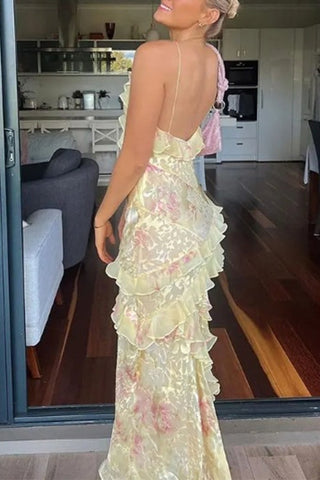 Meridress Spaghetti Strap Backless Ruffle Trim Printed Maxi Dress