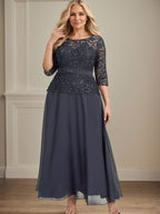 A-Linien-Kleid mit U-Boot-Ausschnitt, Illusion-Detail, knöchellang, aus Chiffon und Spitze mit Strassperlen für die Mutter der Braut. 