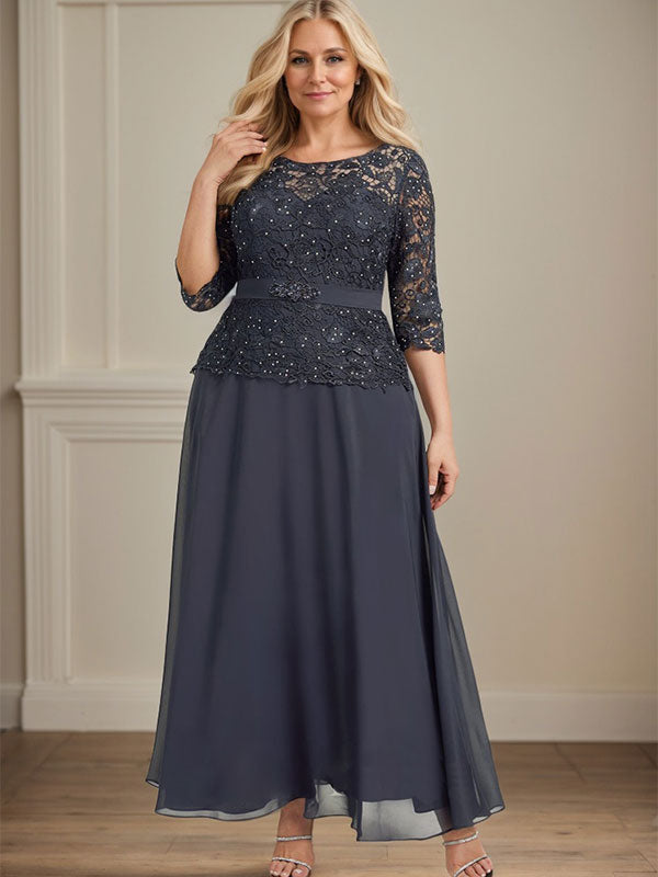 A-Linien-Kleid mit U-Boot-Ausschnitt, Illusion-Detail, knöchellang, aus Chiffon und Spitze mit Strassperlen für die Mutter der Braut. 