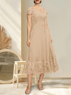 A-Linien-Kleid mit Illusion-Ausschnitt, Rundhalsausschnitt, Teelänge, Spitze und Chiffon, mit Pailletten, für die Mutter der Braut