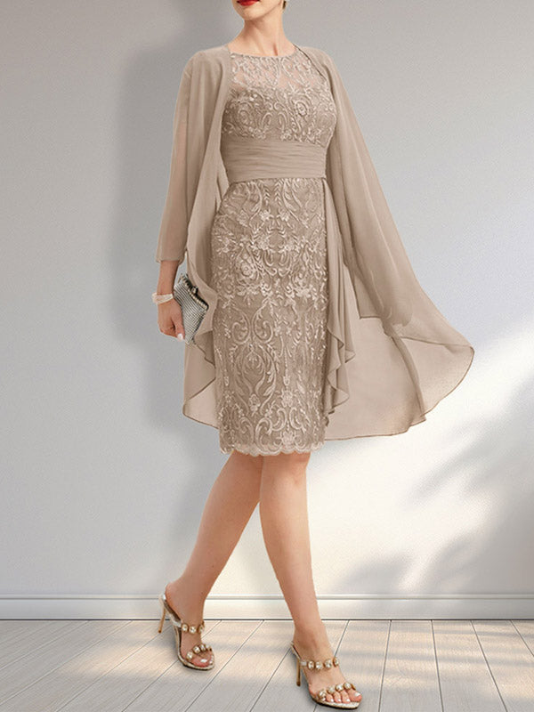 Etuikleid mit Rundhalsausschnitt, Illusion-Effekt, knielang, aus Chiffon mit Spitze, Rüschen und Pailletten – ideal für die Mutter der Braut