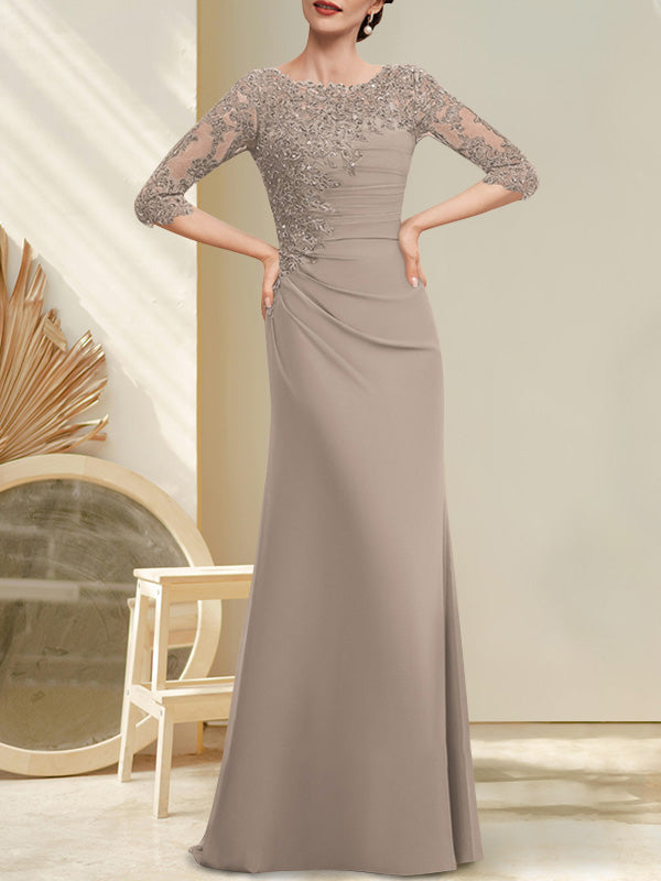 A-Linien-Kleid aus Chiffon und Spitze in Bodenlänge für die Mutter der Braut mit Perlenstickerei, Falten und Pailletten