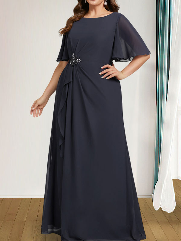 A-Linien-Kleid aus Chiffon in Bodenlänge für die Mutter der Braut mit kaskadenartigen Rüschen, Perlen und Pailletten