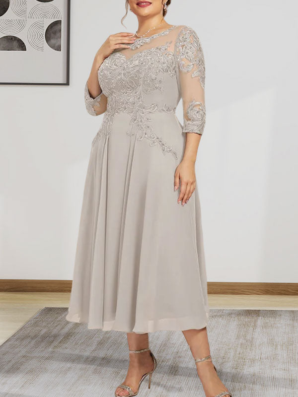A-Linien-Kleid mit U-Boot-Ausschnitt, Illusion-Detail, Teelänge, Chiffonspitze, Perlenstickerei und Pailletten für die Mutter der Braut