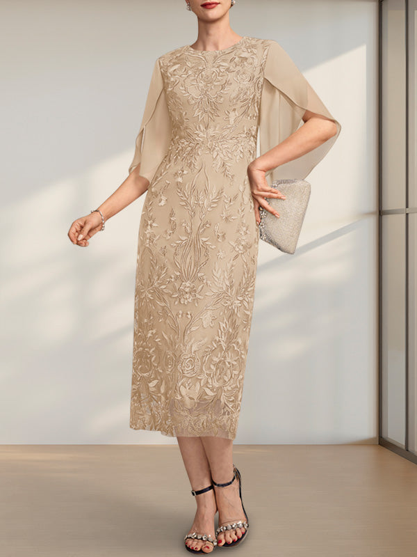 Etuikleid/Säulenkleid mit Rundhalsausschnitt, Teelänge, aus Spitze und Chiffon, ideal für die Mutter der Braut