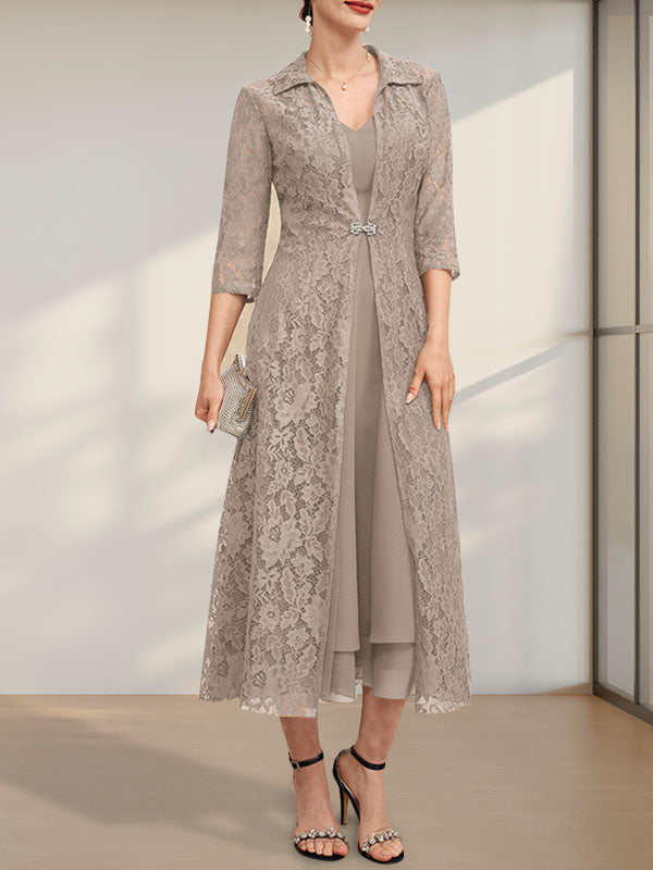 A-Linien-Chiffonkleid mit V-Ausschnitt und Teelänge für die Mutter der Braut