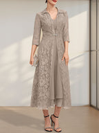 A-Linien-Chiffonkleid mit V-Ausschnitt und Teelänge für die Mutter der Braut