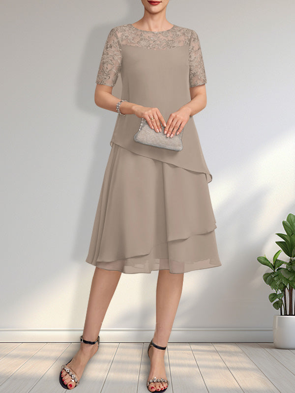 A-Linien-Kleid mit Rundhalsausschnitt, Illusion-Effekt, knielang, aus Spitze und Chiffon mit Pailletten für die Mutter der Braut