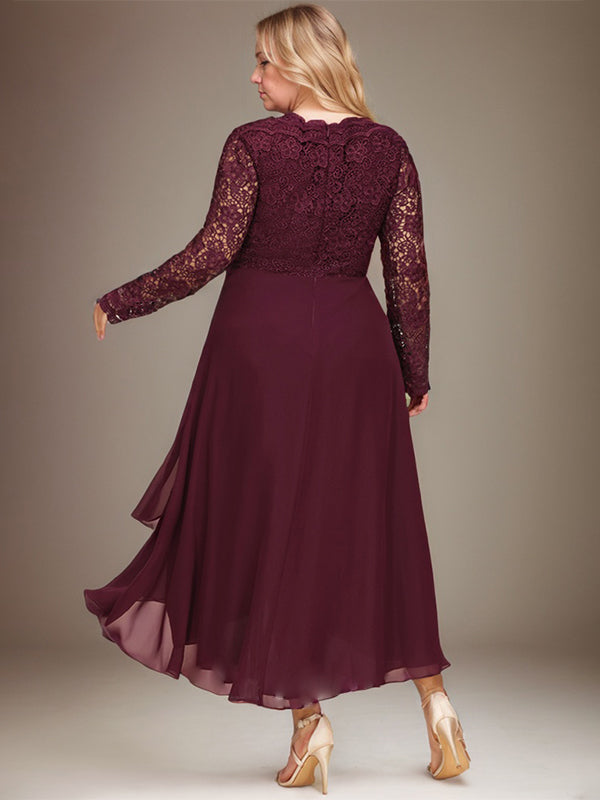 A-Linien-Kleid aus Chiffon mit V-Ausschnitt und asymmetrischer Spitze für die Mutter der Braut