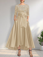 A-Linien-Kleid mit asymmetrischem Ausschnitt, Illusion-Effekt, Satinspitze und Schleife für die Mutter der Braut