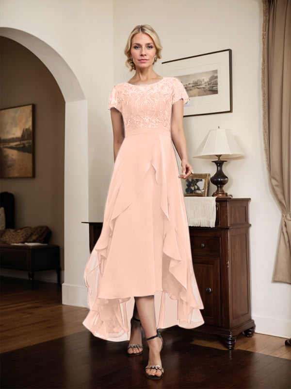 Vestido de madre de la novia de gasa asimétrica con escote en A, ilusión, encaje, lazo, volantes y lentejuelas 