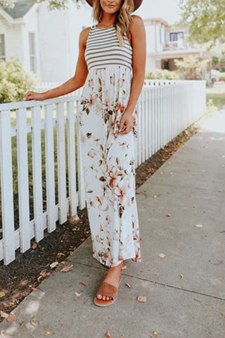 Vestido largo sin mangas con estampado floral y rayas de Meridress