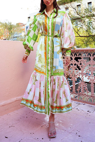 Meridress Lantern Sleeves Tie Waist Unique Print Ruffle Maxi Shirt Dress