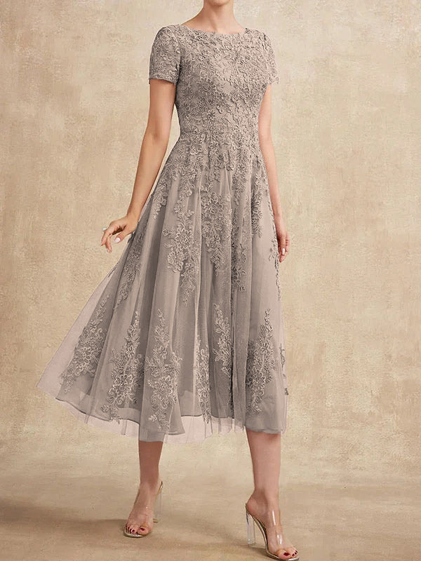 A-Linien-Kleid aus Tüllspitze mit Rundhalsausschnitt und Teelänge für die Mutter der Braut 