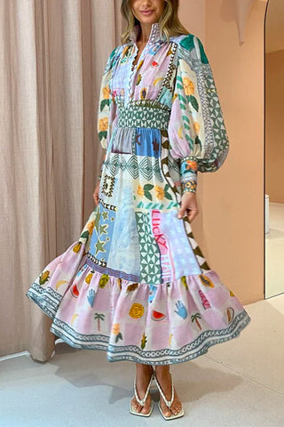 Meridress Puff Sleeves Smocked Waist Unique Printed Ruffle Maxi Dress
