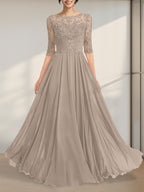 A-Linien-Kleid mit Illusion-Ausschnitt, bodenlang, aus Chiffon und Spitze, mit plissierten Pailletten und V-Ausschnitt für die Mutter der Braut