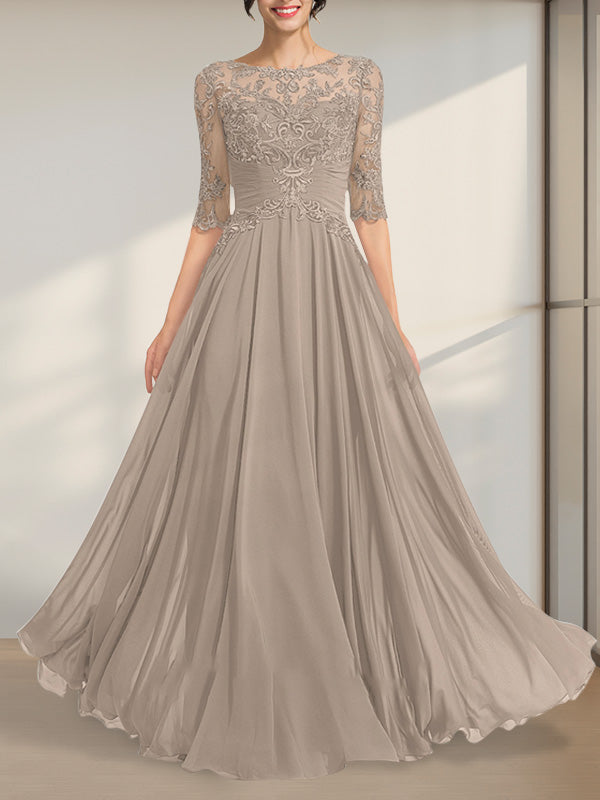 A-Linien-Kleid mit Illusion-Ausschnitt, bodenlang, aus Chiffon und Spitze, mit plissierten Pailletten und V-Ausschnitt für die Mutter der Braut