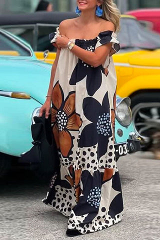 Vestido largo festivo con volantes y estampado floral de Meridress con hombros descubiertos