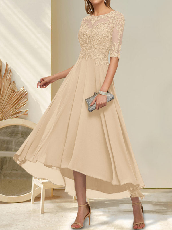 A-Linien-Kleid mit U-Boot-Ausschnitt, Illusion-Effekt, asymmetrischem Chiffon-Spitzenbesatz und Paillettenstickerei für die Mutter der Braut.