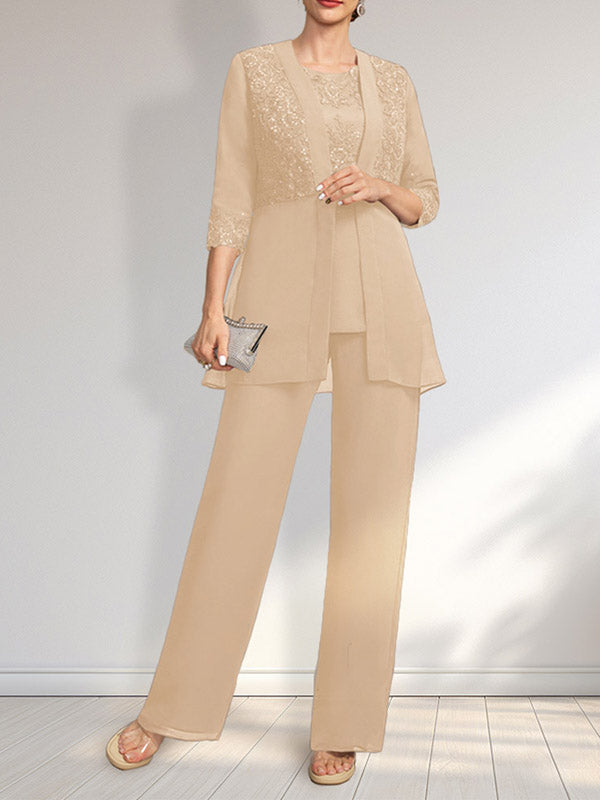 Jumpsuit/Hosenanzug-Set, bodenlanges Chiffon-Spitzenkleid mit Pailletten für die Mutter der Braut mit Rundhalsausschnitt