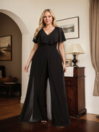 Jumpsuit/Hosenanzug, bodenlanges Chiffon-Abendkleid mit V-Ausschnitt