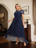A-Linien-Kleid mit asymmetrischem Chiffon-Spitzenausschnitt, Schleife, Rüschen und Pailletten für die Mutter der Braut 