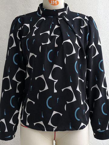 Casual Loose Long Sleeves Contrast Color Printed Stand Collar Blouses&Shirts Tops
