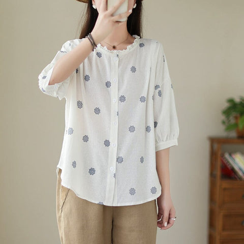 Summer Cotton Linen Floral Embroidery Casual Blouse