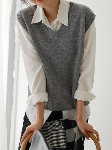 Suéter informal holgado sin mangas de color liso con cuello en V 