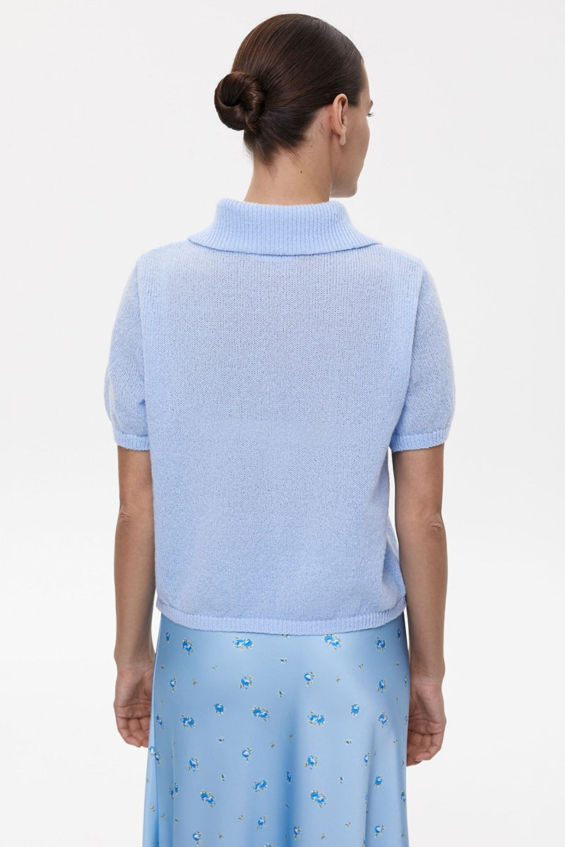 Minimalist Polo Hollow Knit Puff Sleeve Blouse