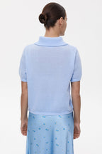 Minimalist Polo Hollow Knit Puff Sleeve Blouse