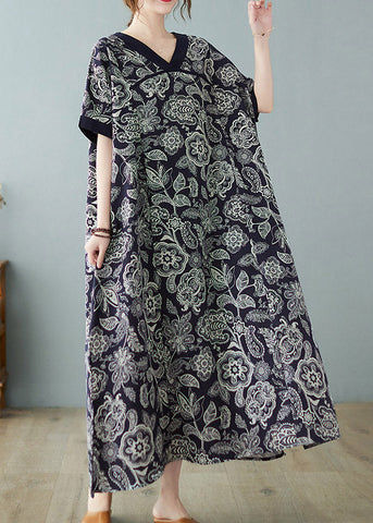 Vestido azul marino holgado con escote en V, estampado, abertura lateral, manga corta 