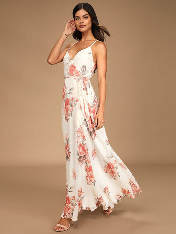 Vestido largo informal sin mangas con cuello en V y estampado floral 