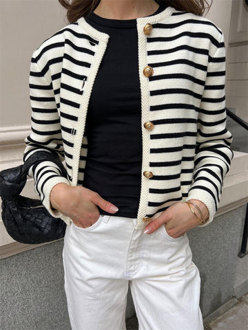 Suéter de punto a rayas con cuello redondo para mujer, cárdigan holgado de manga larga, ajustado, con parches en contraste, prendas de vestir exteriores de verano 