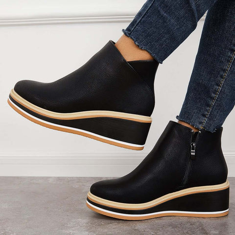 Casual Wedge Sneakers Side Zipper Platform Wedge Ankle Boots