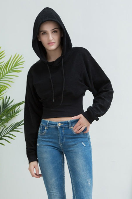 Cropped Hooded Waist Cinched Crop Top Slouchy Loose Hoodie