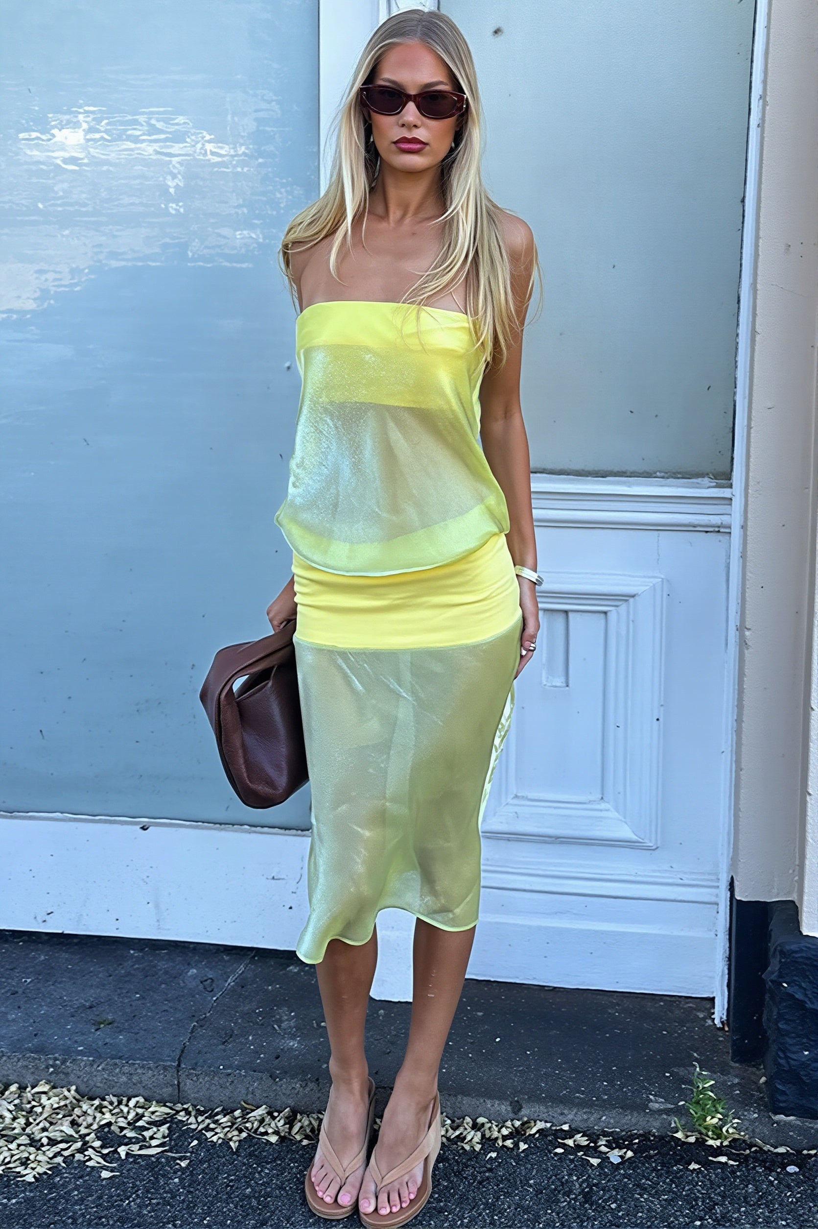 Strapless Contrast Sheath Sheer Midi Dress